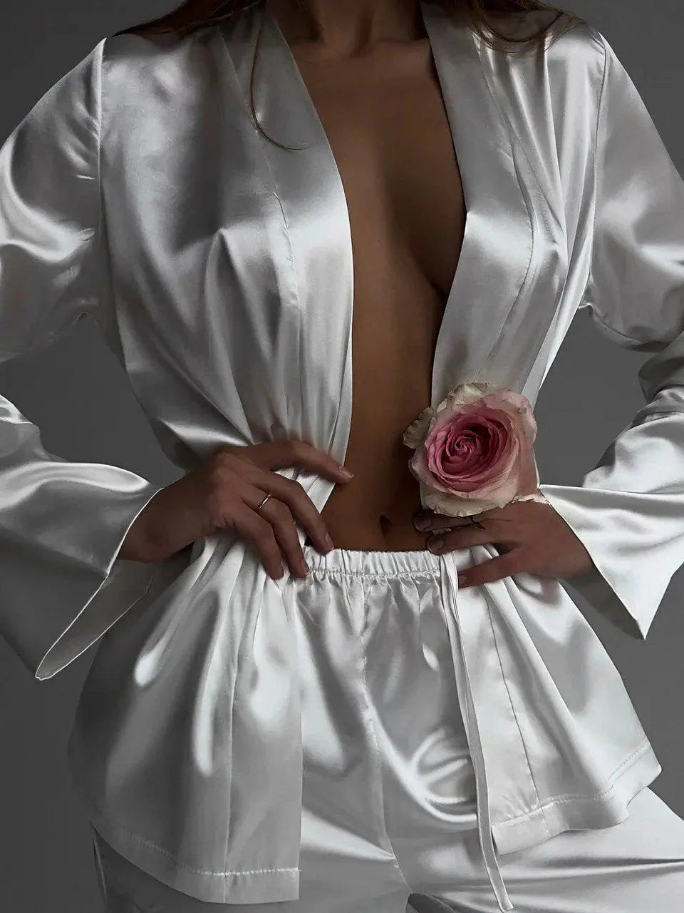 ELEGANCE 2 Piece Satin Loungewear Set - White