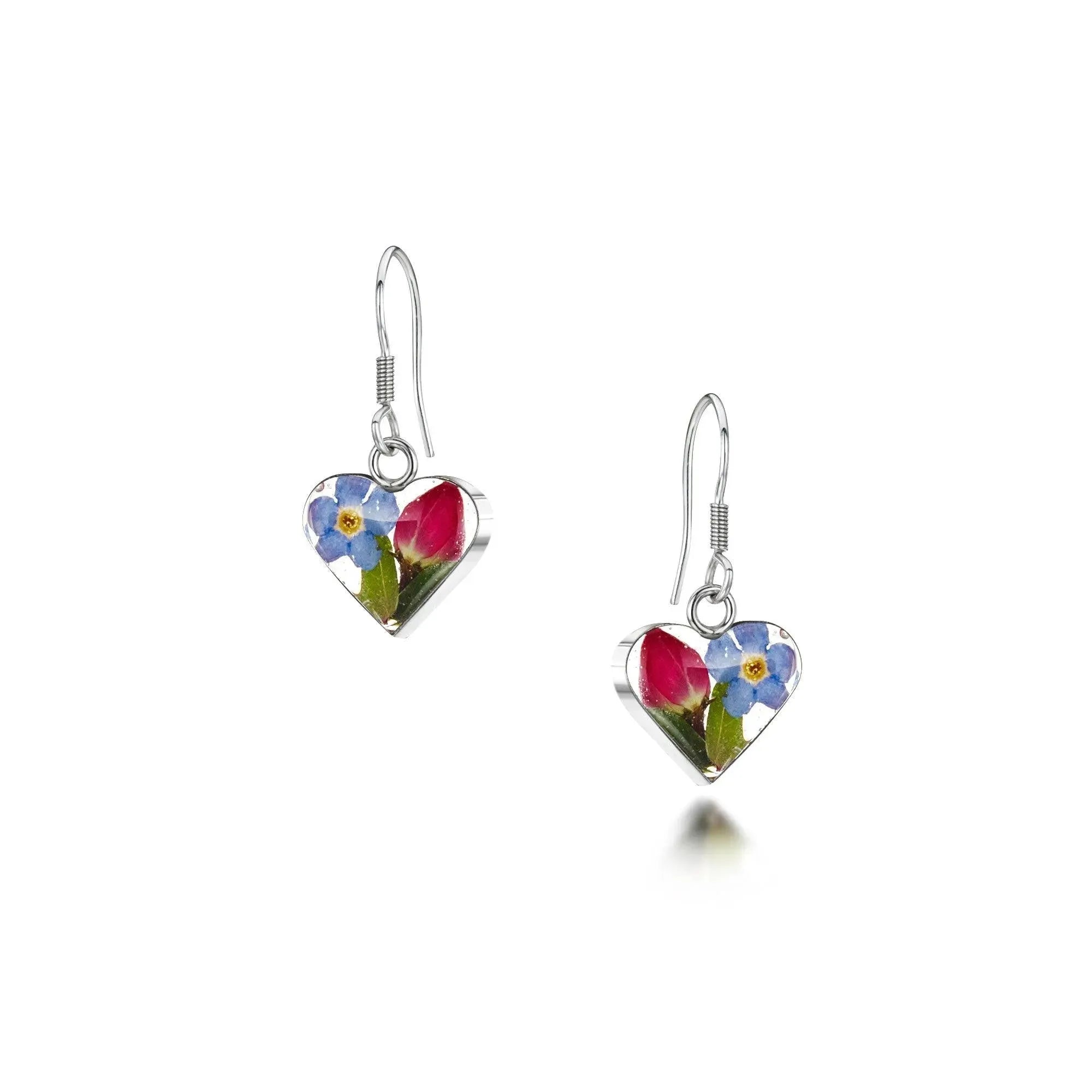 Flower Dangle Earrings Sterling Silver Heart Drop with Real Roses and Forget Me Nots