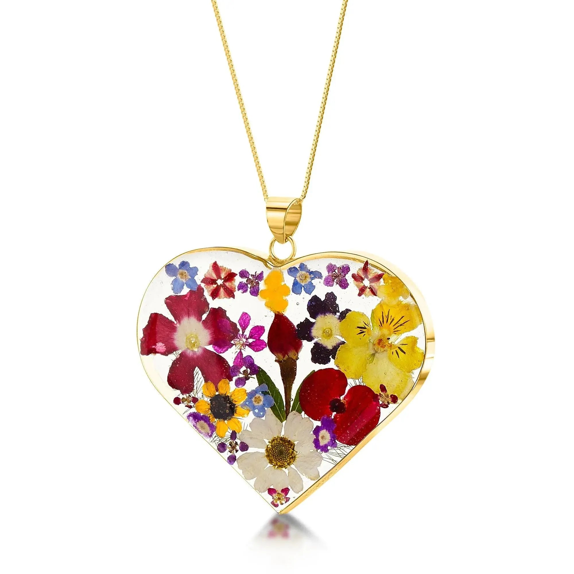 Gold‑Plated Sterling Silver Heart Pendant Necklace With Real Flowers