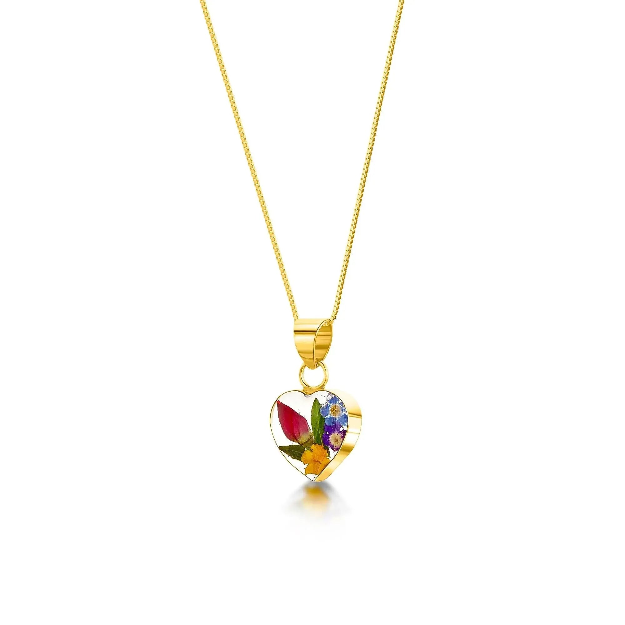 Small Heart Pendant Necklace With Real Flowers Gold-plated Sterling Silver