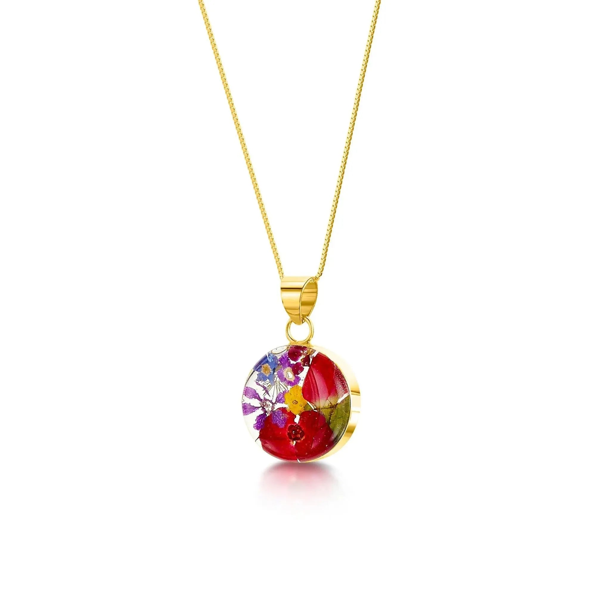 Gold Plated Sterling Silver Round Pendant Necklace with Real Flowers