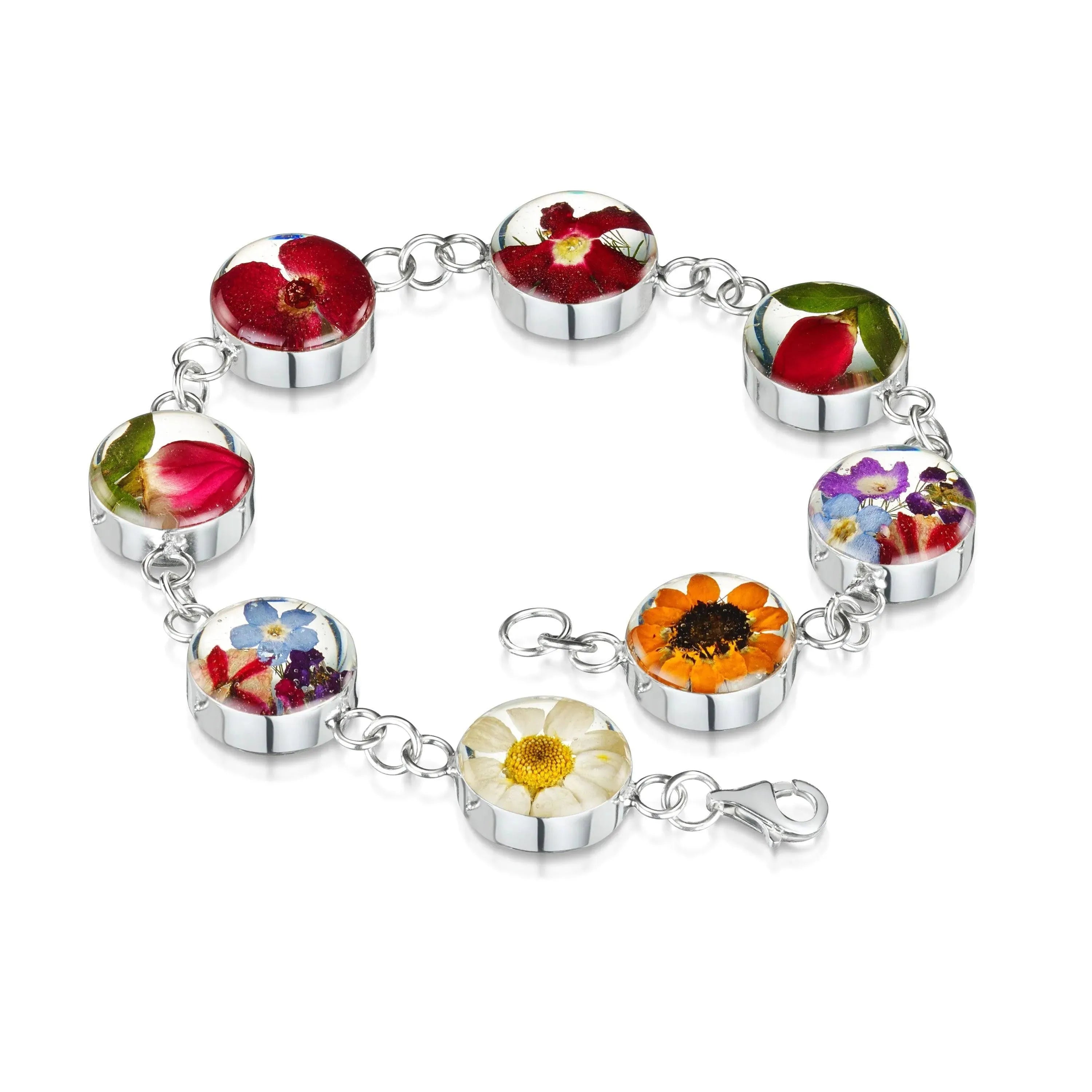 Sterling Silver Round Link Bracelet with Real Flowers