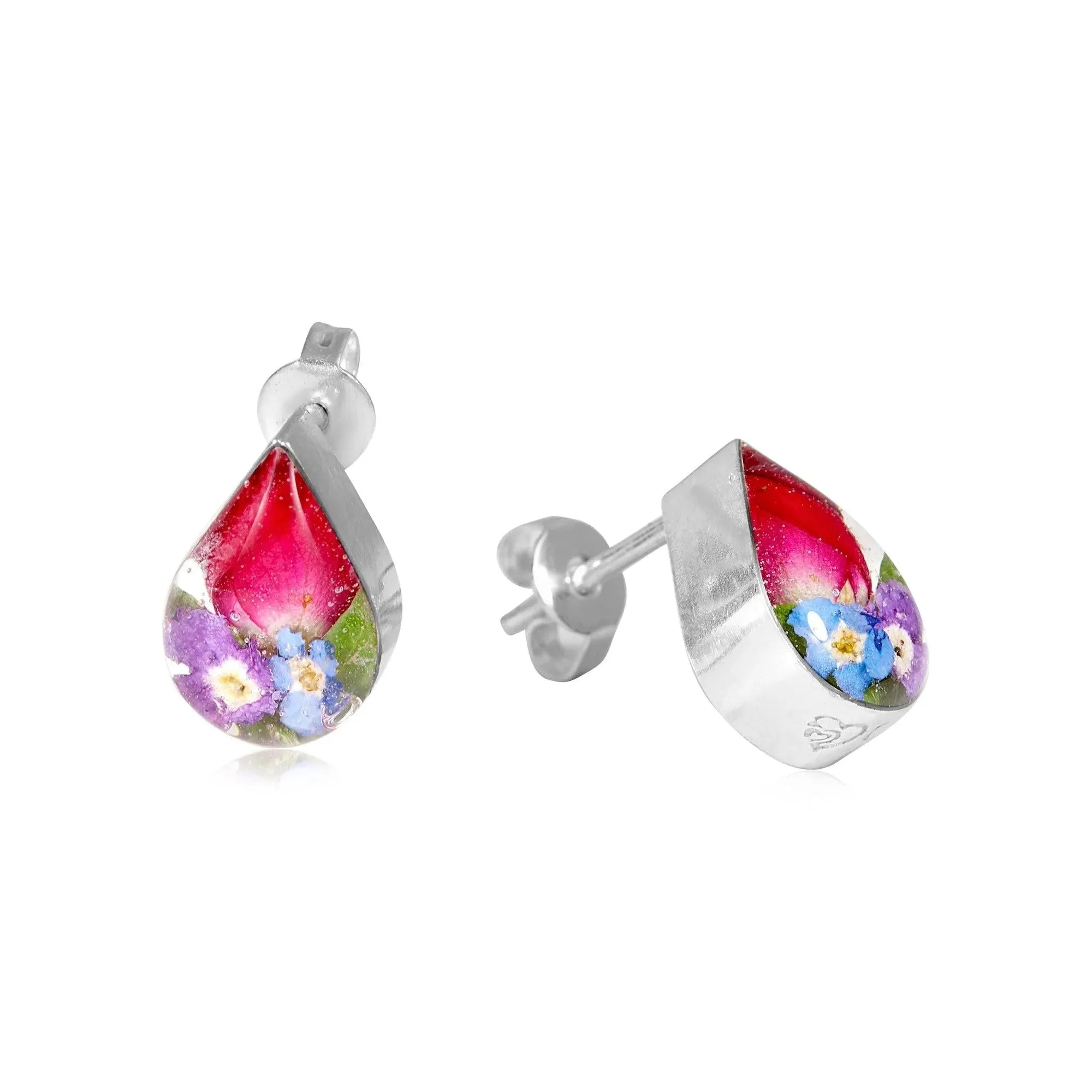 Teardrop Stud Earrings Sterling Silver With Real Flowers