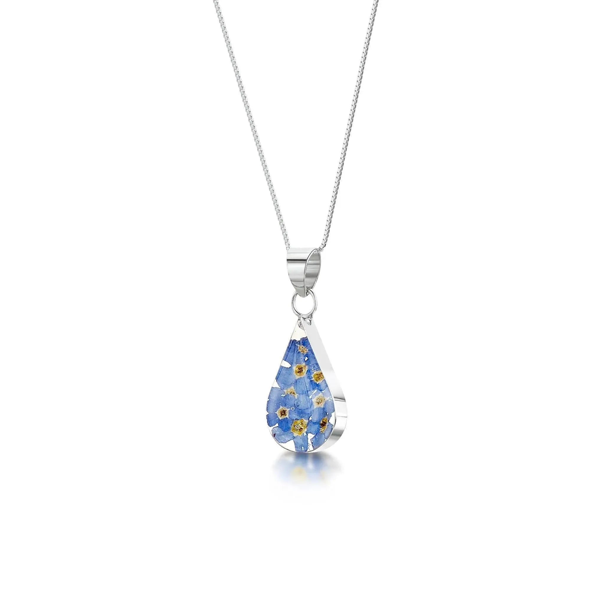 Forget‑Me‑Not Necklace Silver Teardrop Pendant With Real Flowers