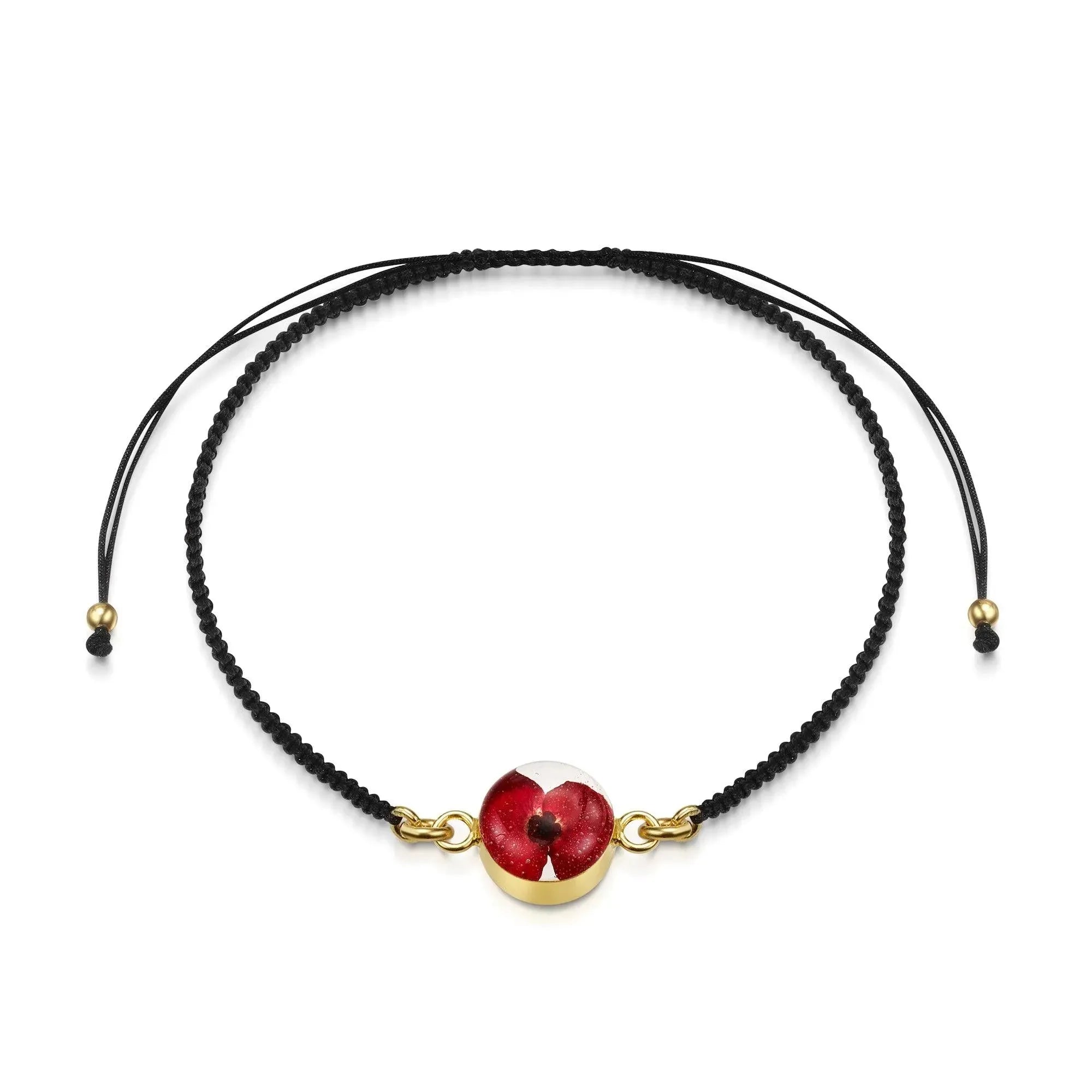 Gold Plated Black Woven Bracelet with Round Poppy Charm