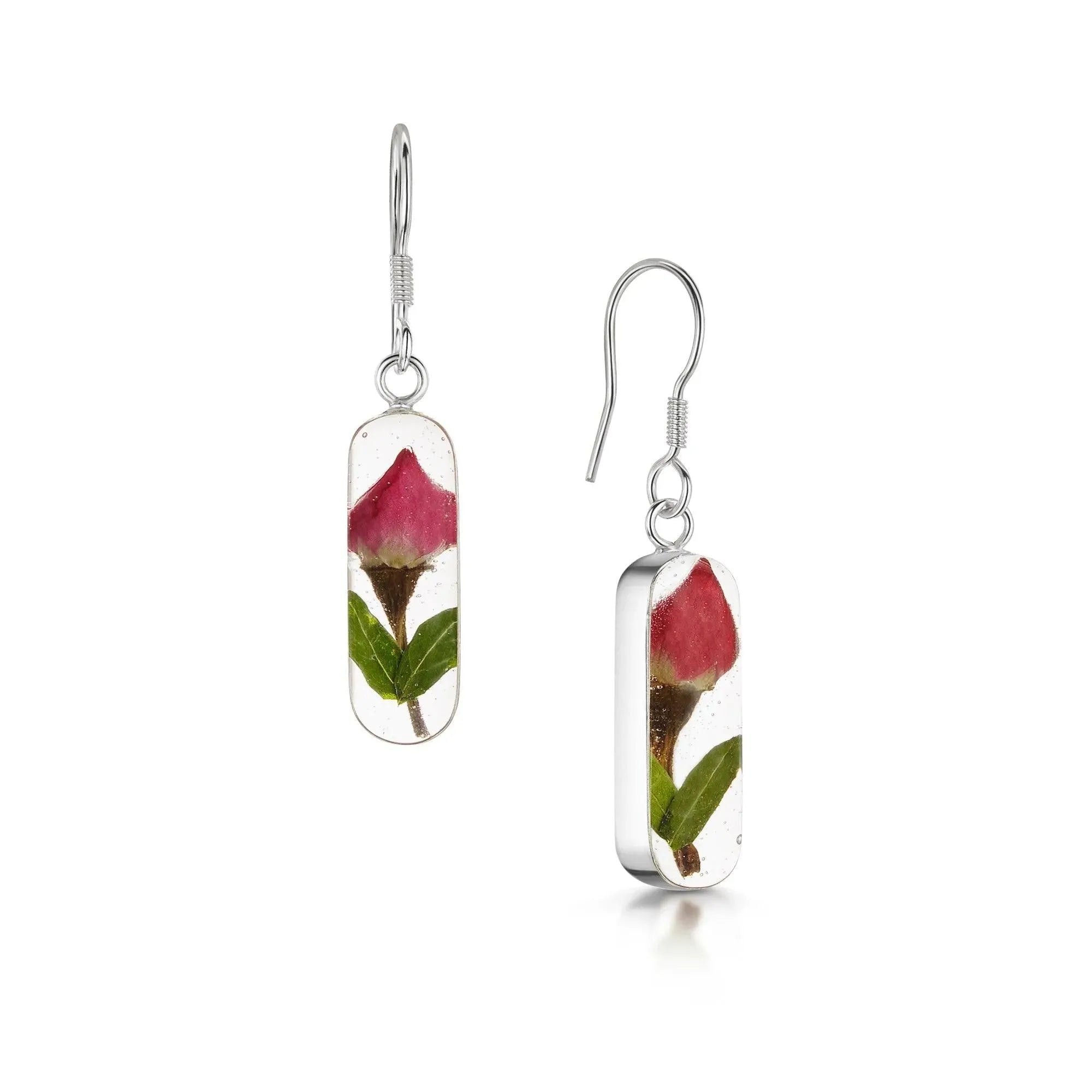 Miniature Rose Sterling Silver Dangle Vertical Bar Oval Drop Earrings