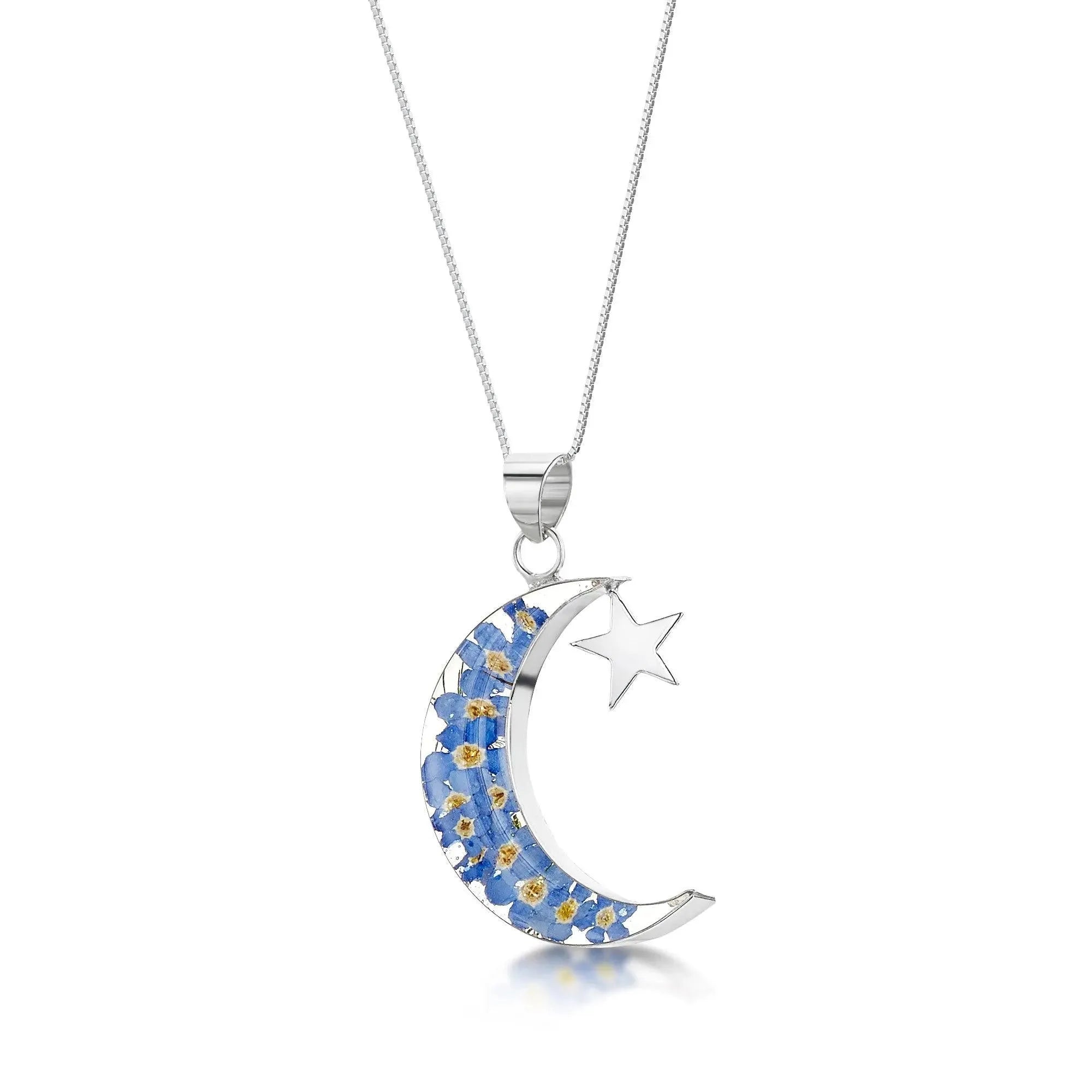Moon and Star Necklace Sterling Silver With Real Forget-Me-Nots
