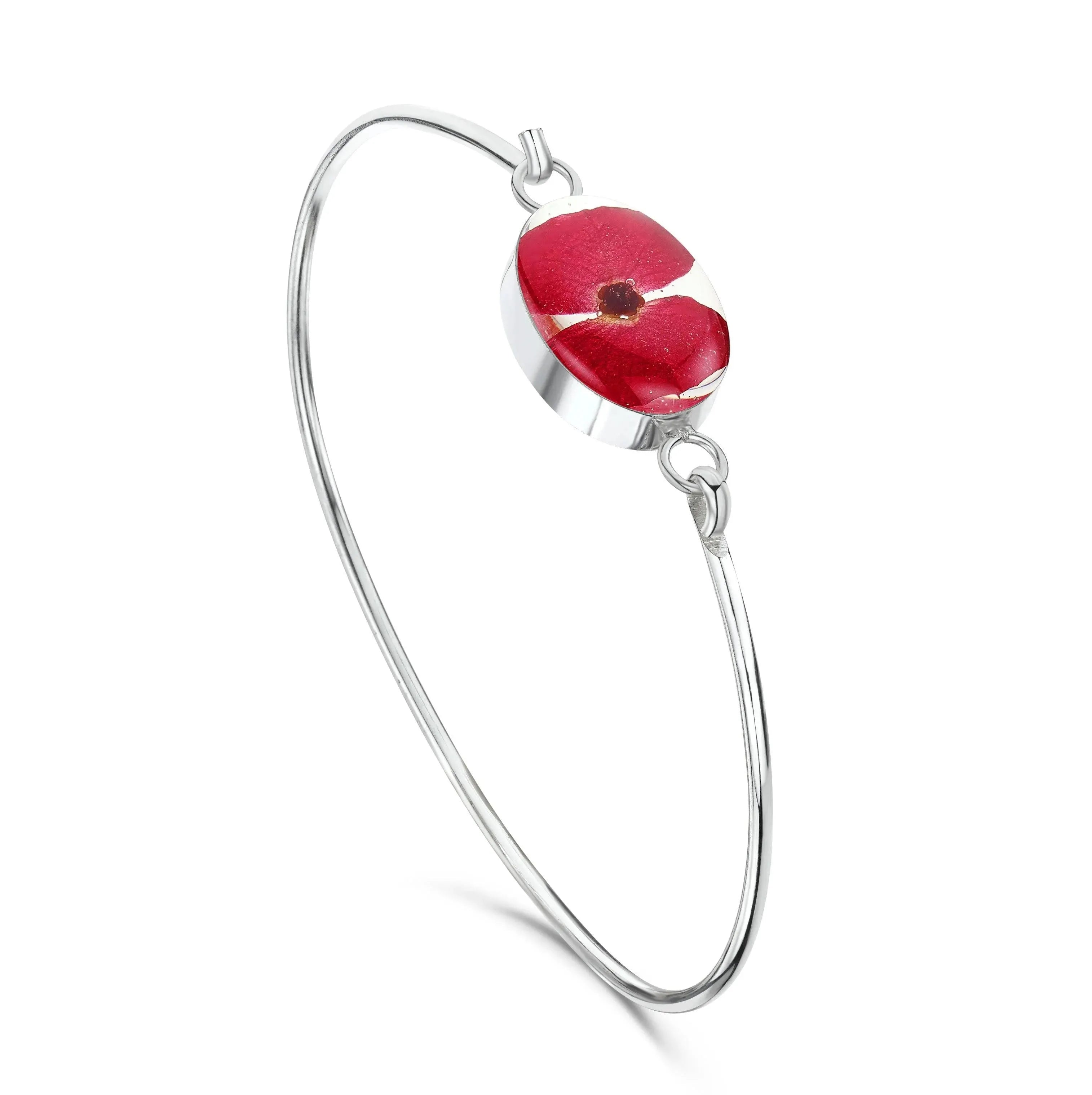 Poppy Sterling Silver Oval Bangle with Real Flowers