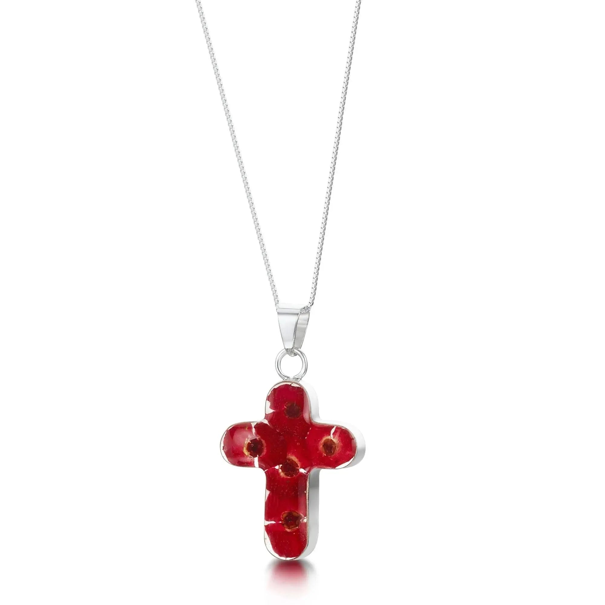 Poppy Cross Necklace Sterling Silver With Real Euphorbia Milii Flower