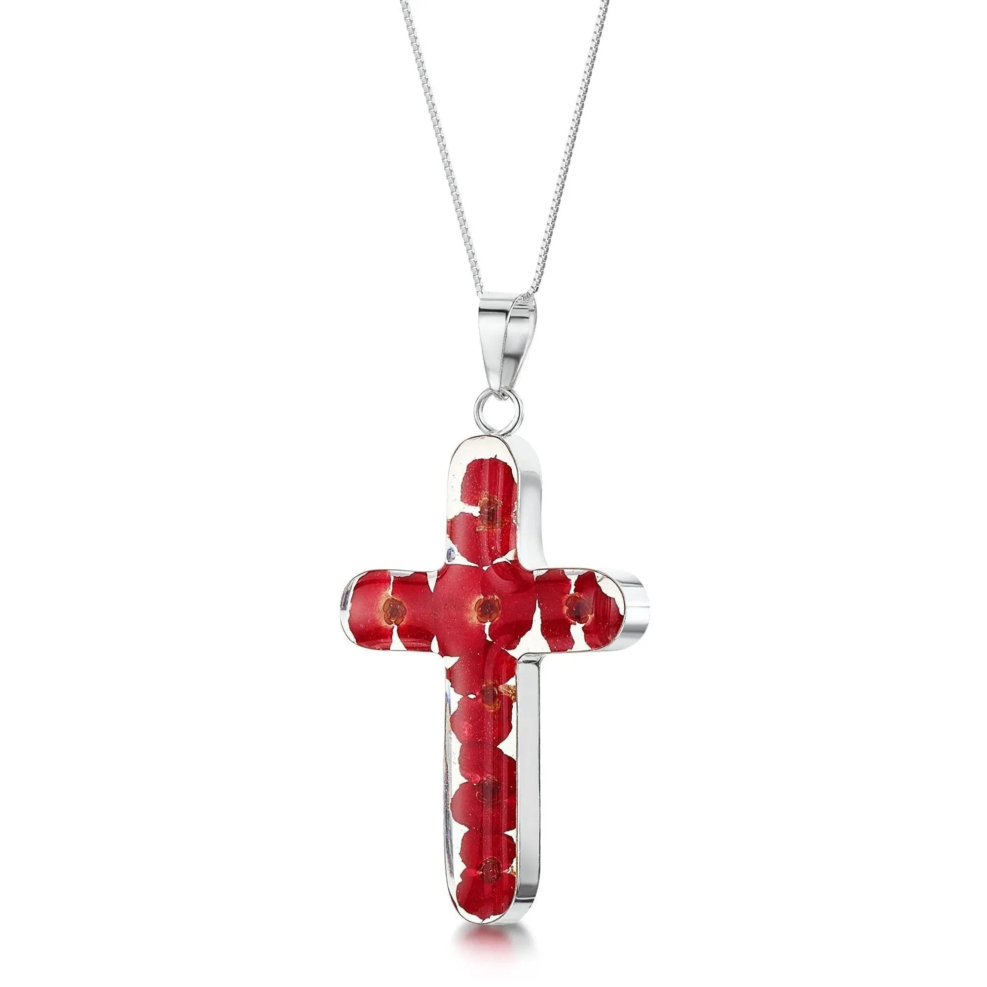 Poppy Flower Cross Necklace Sterling Silver Large Pendant