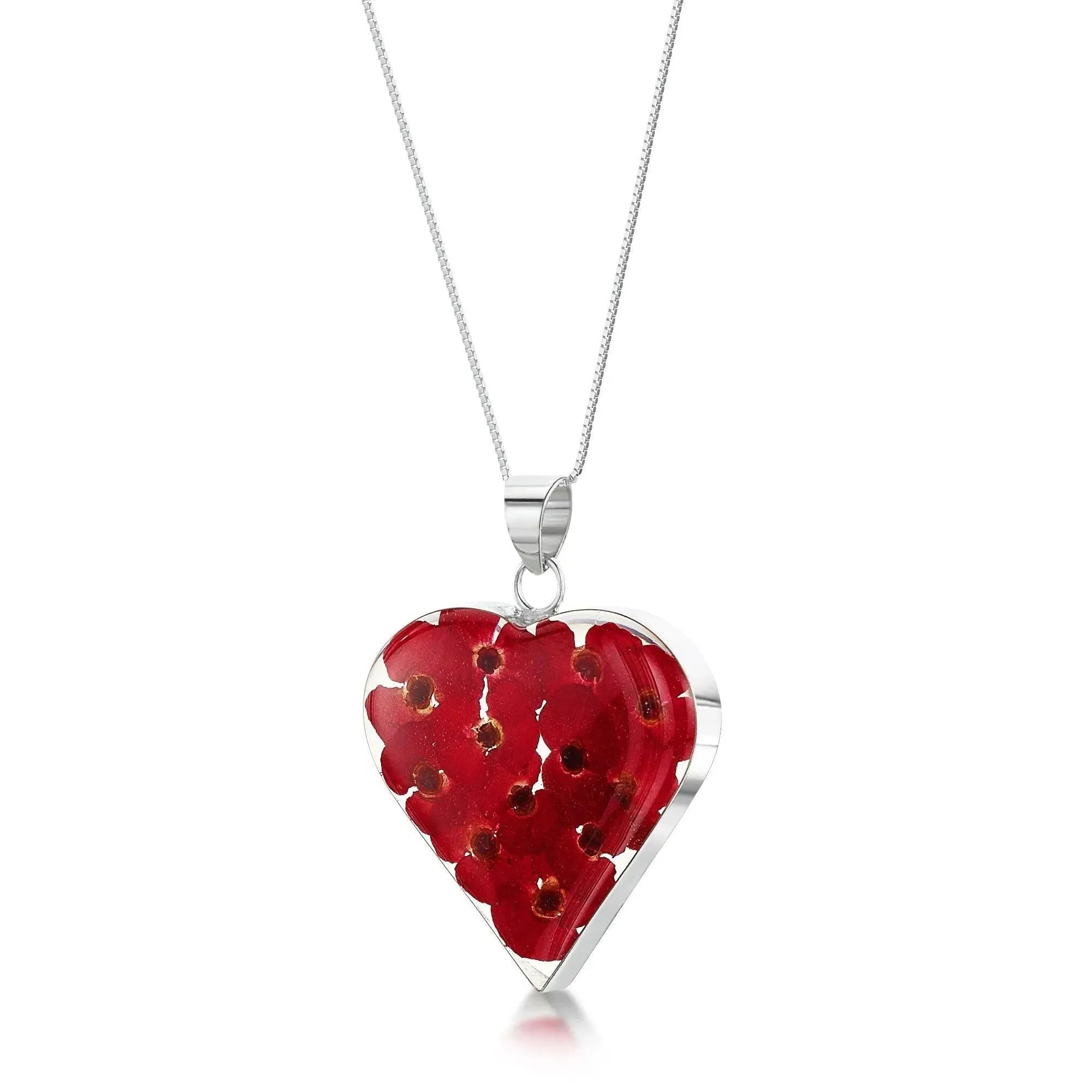 Poppy Heart Necklace Sterling Silver with Red Euphorbia Milii Flowers