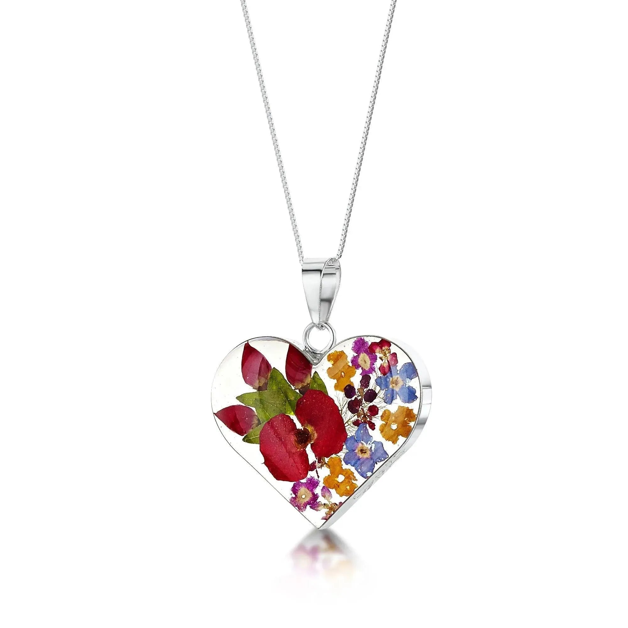 Real Flower Heart Necklace Sterling Silver Pendant