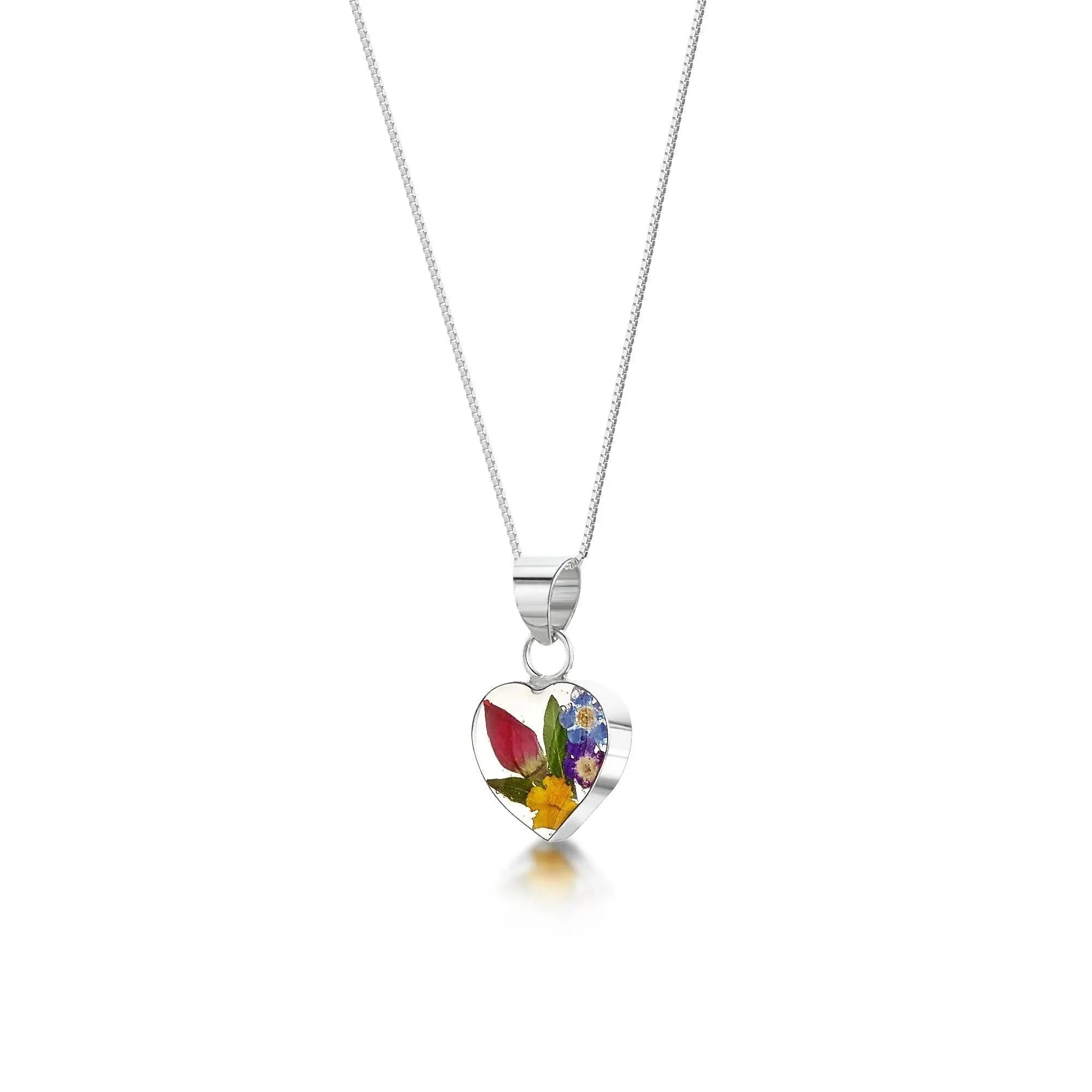 Small Heart Pendant Necklace Sterling Silver with Real Mixed Flowers
