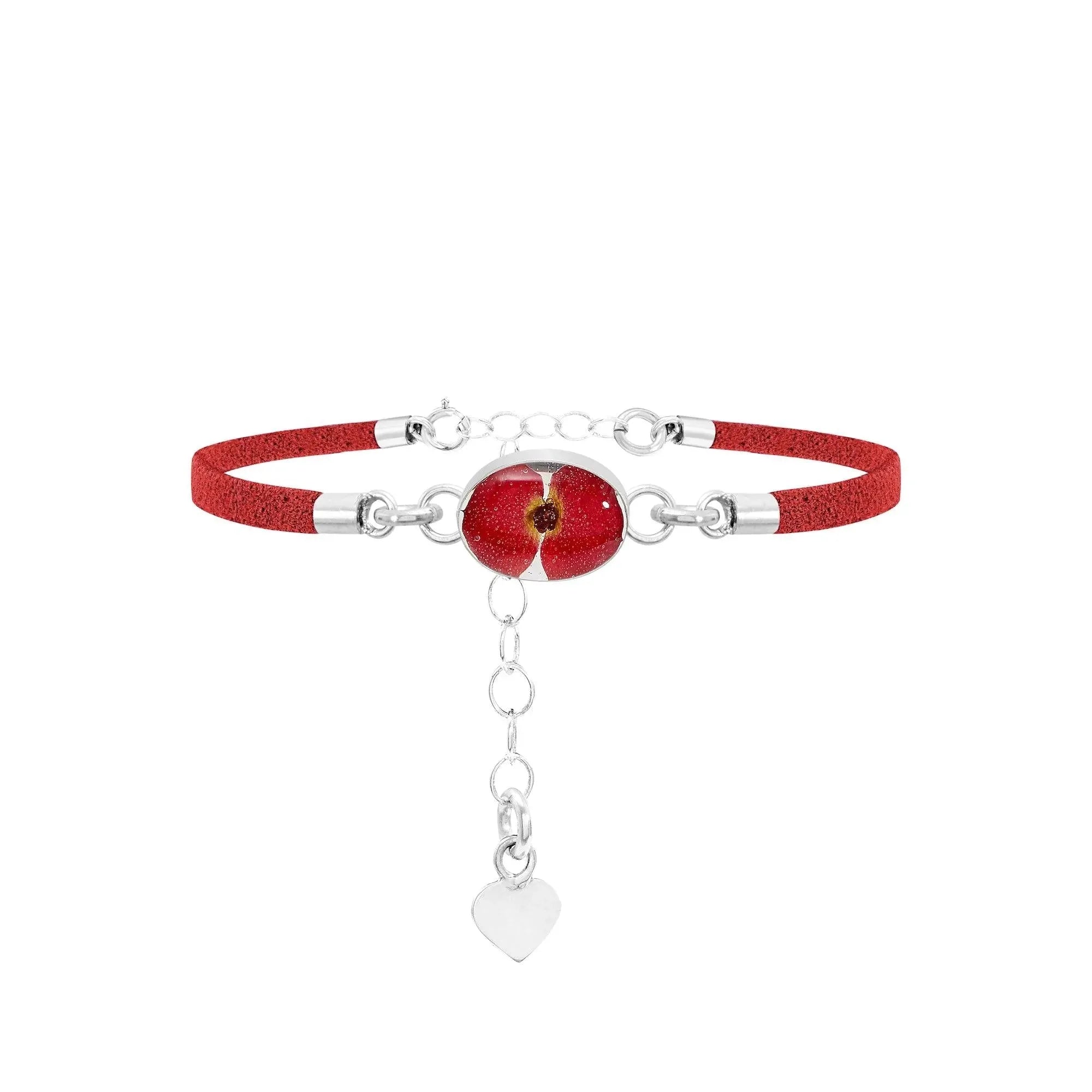 Funky Bracelet Red Vegan Suede Strap Poppy Oval Sterling Silver