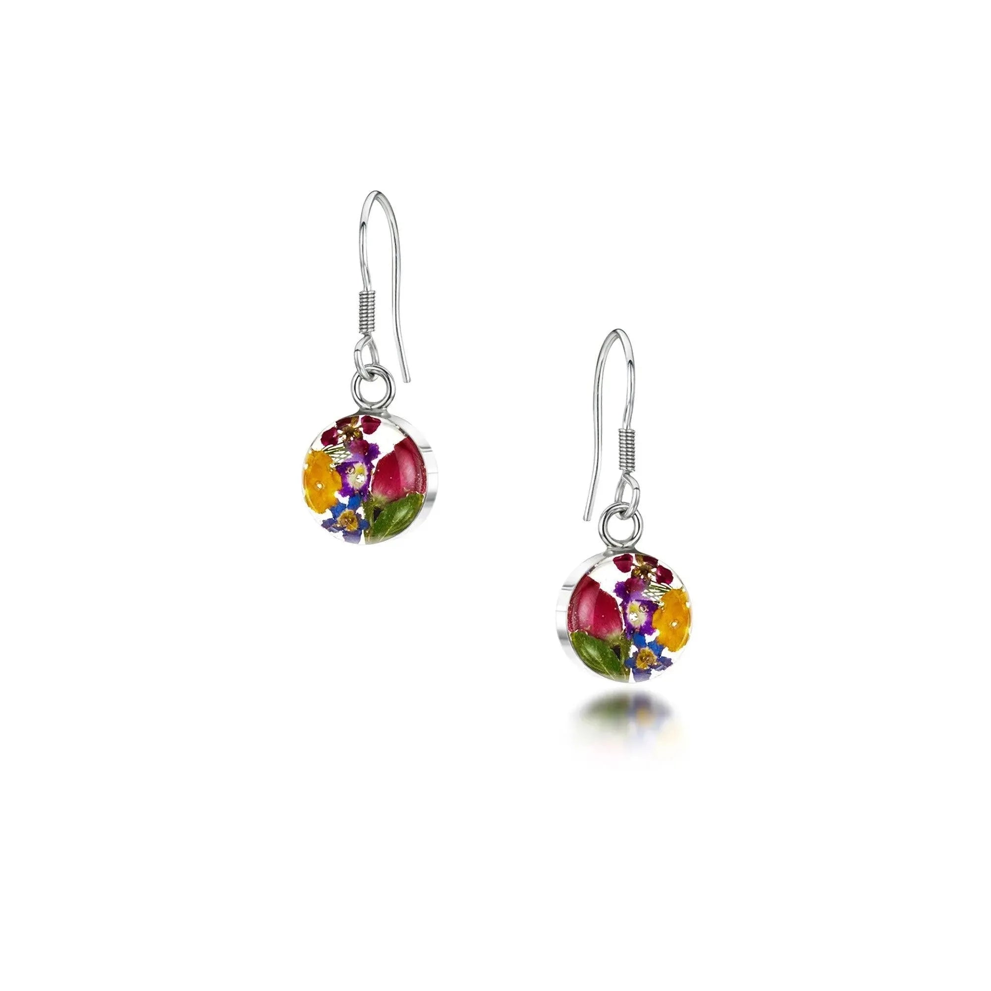 Round Drop Earrings Sterling Silver With Real Flowers