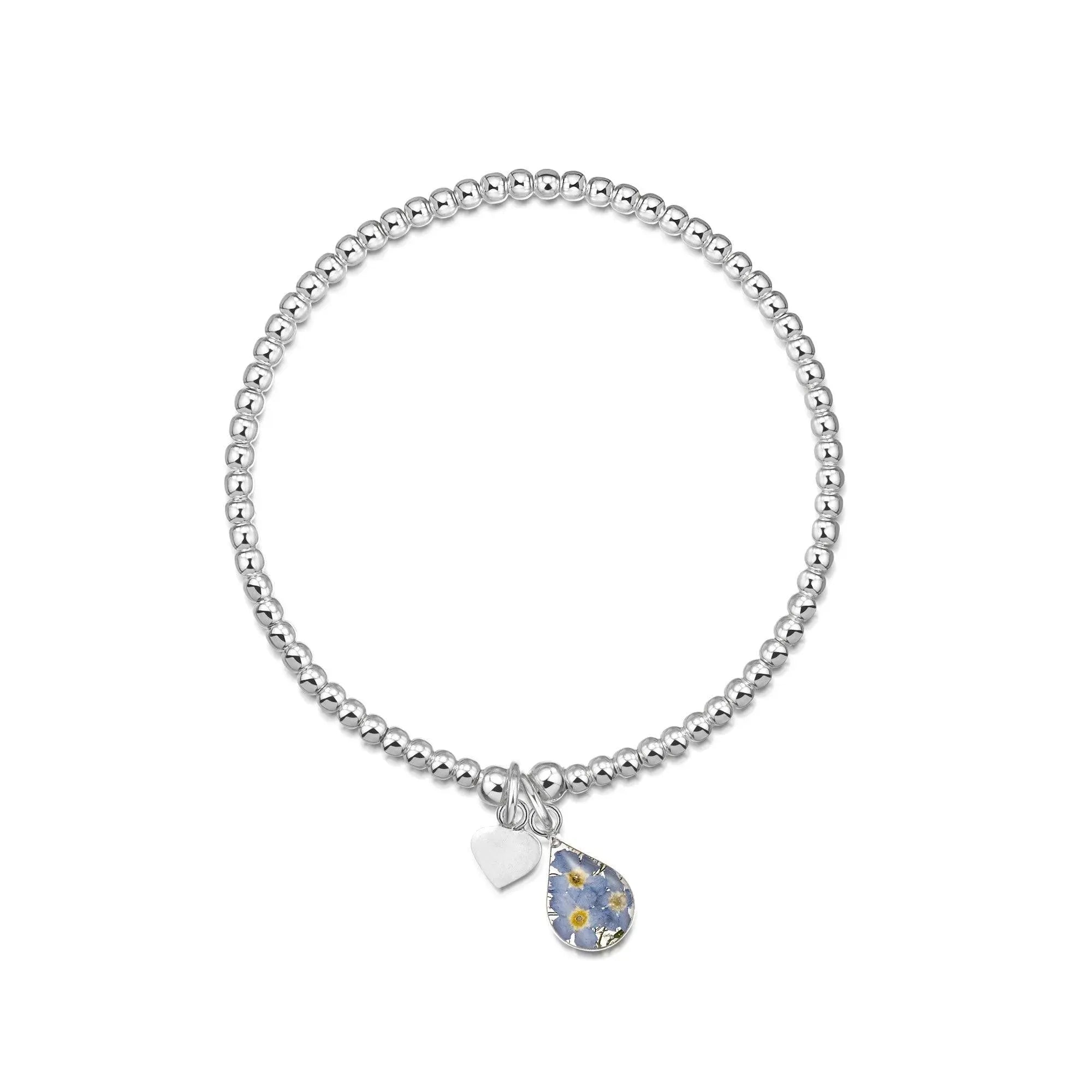 Silver Bead Elasticated Bracelet Single Strand Real Forget‑Me‑Not Hanging Charm