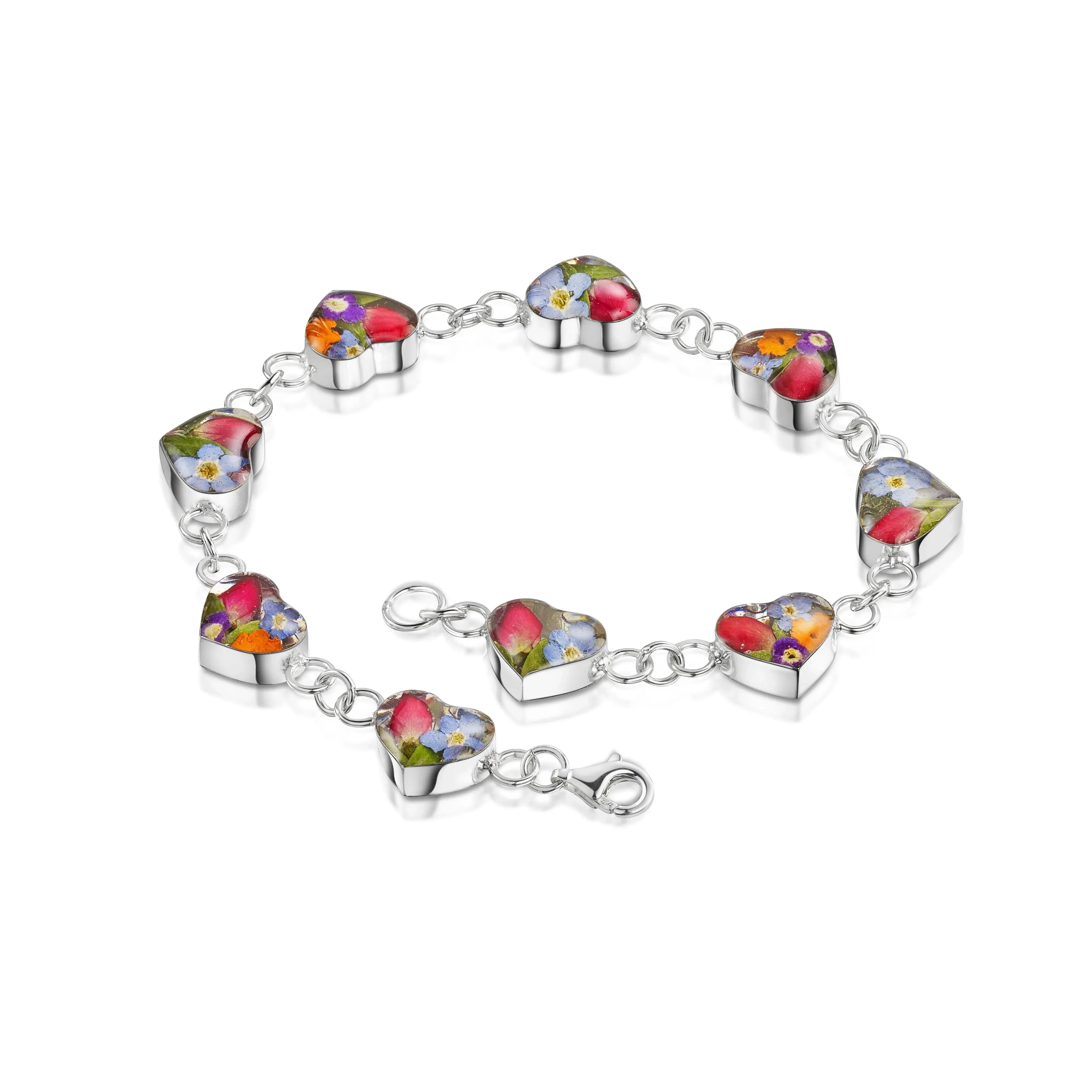 Heart Link Bracelet Sterling Silver With Forget-Me-Nots, Purple Verbena & Miniature Roses