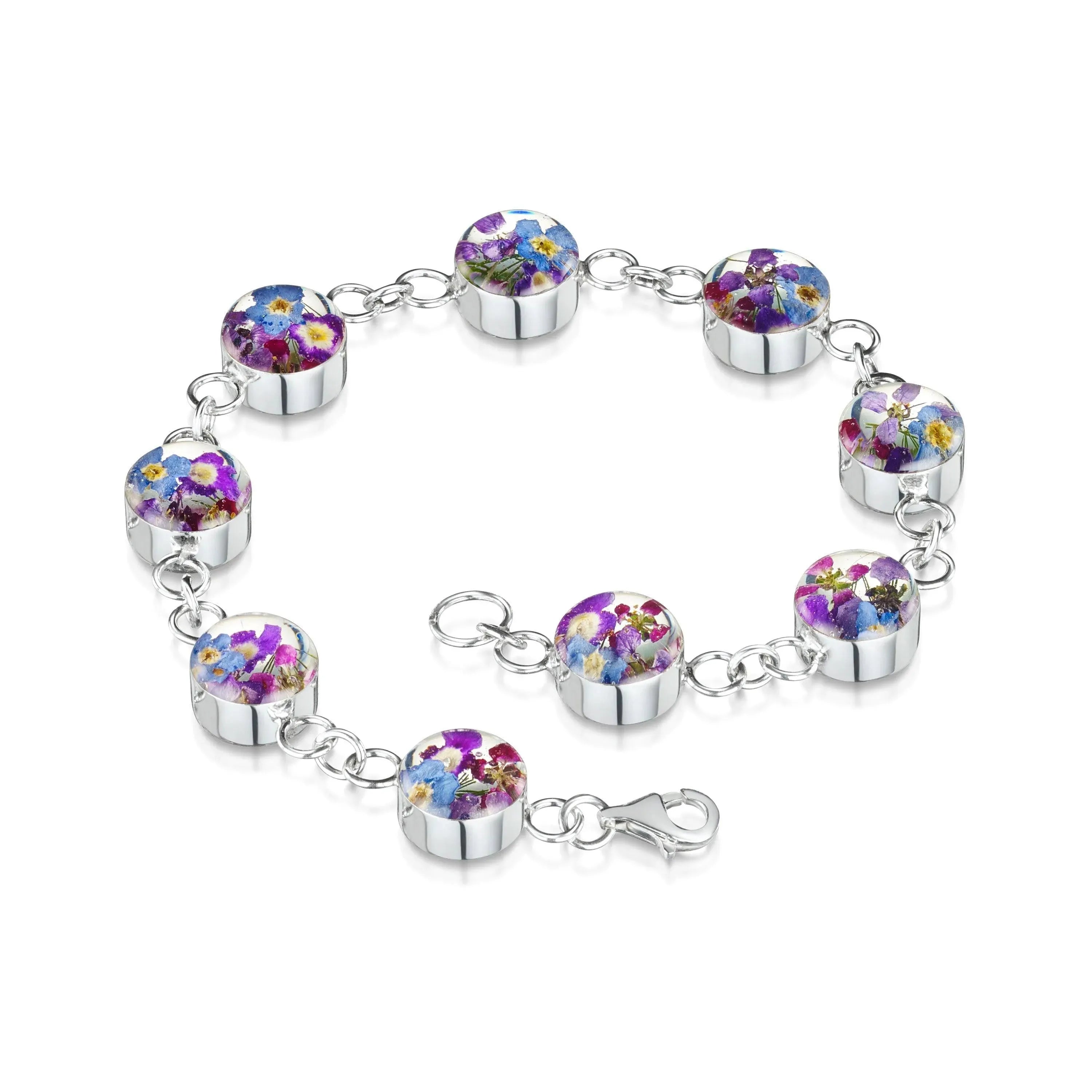 Sterling Silver Real Flower Multi-Flower Charm Bracelet
