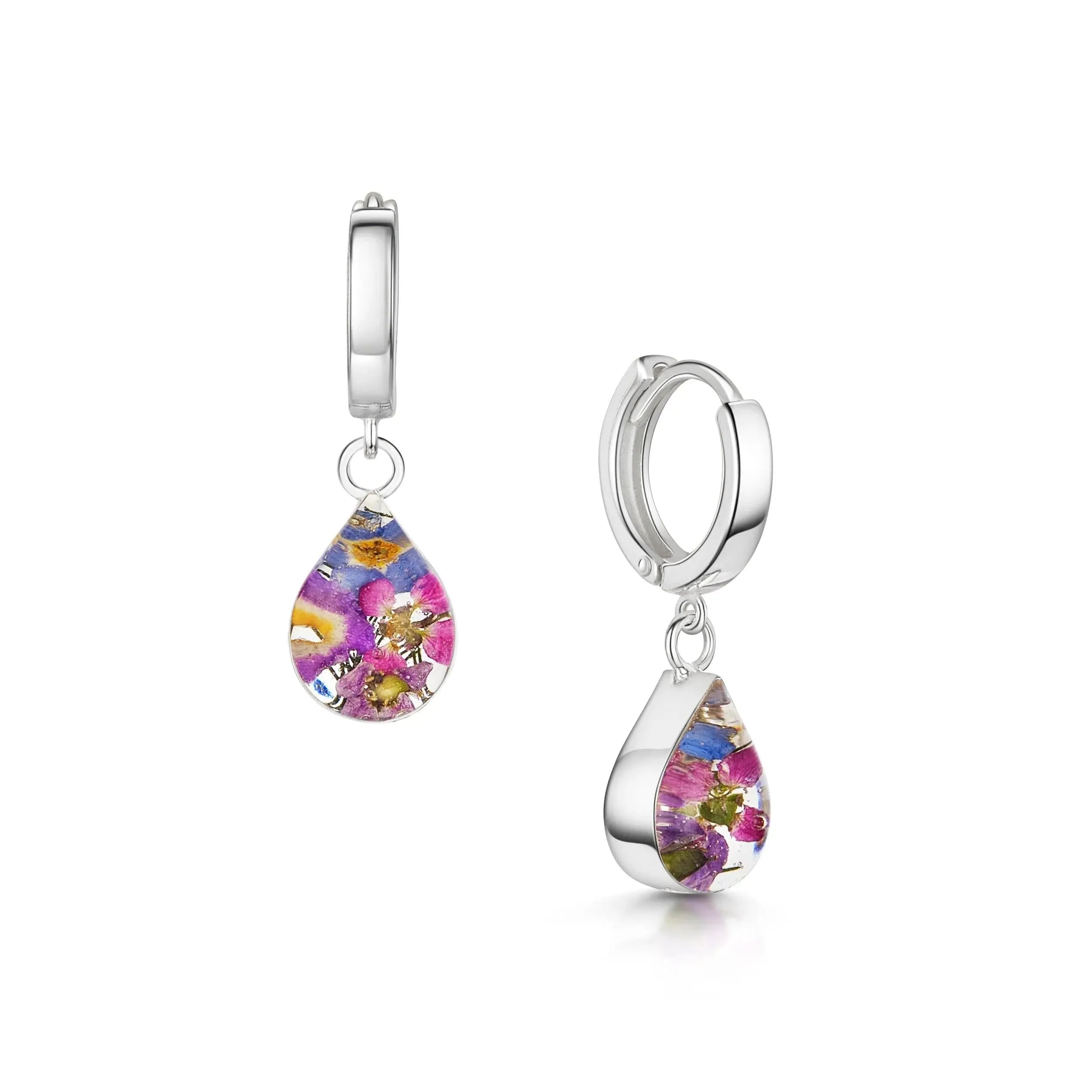 Silver Huggie Earring Purple Haze Teardrop with Real Flowers