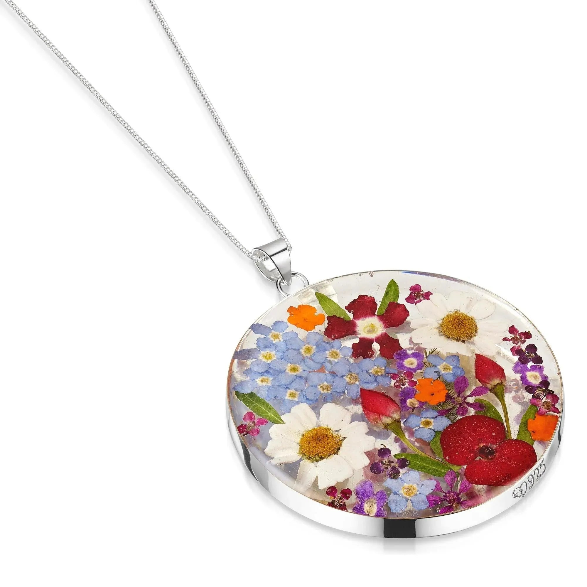 Full Moon Pendant Necklace Sterling Silver Mixed Flowers
