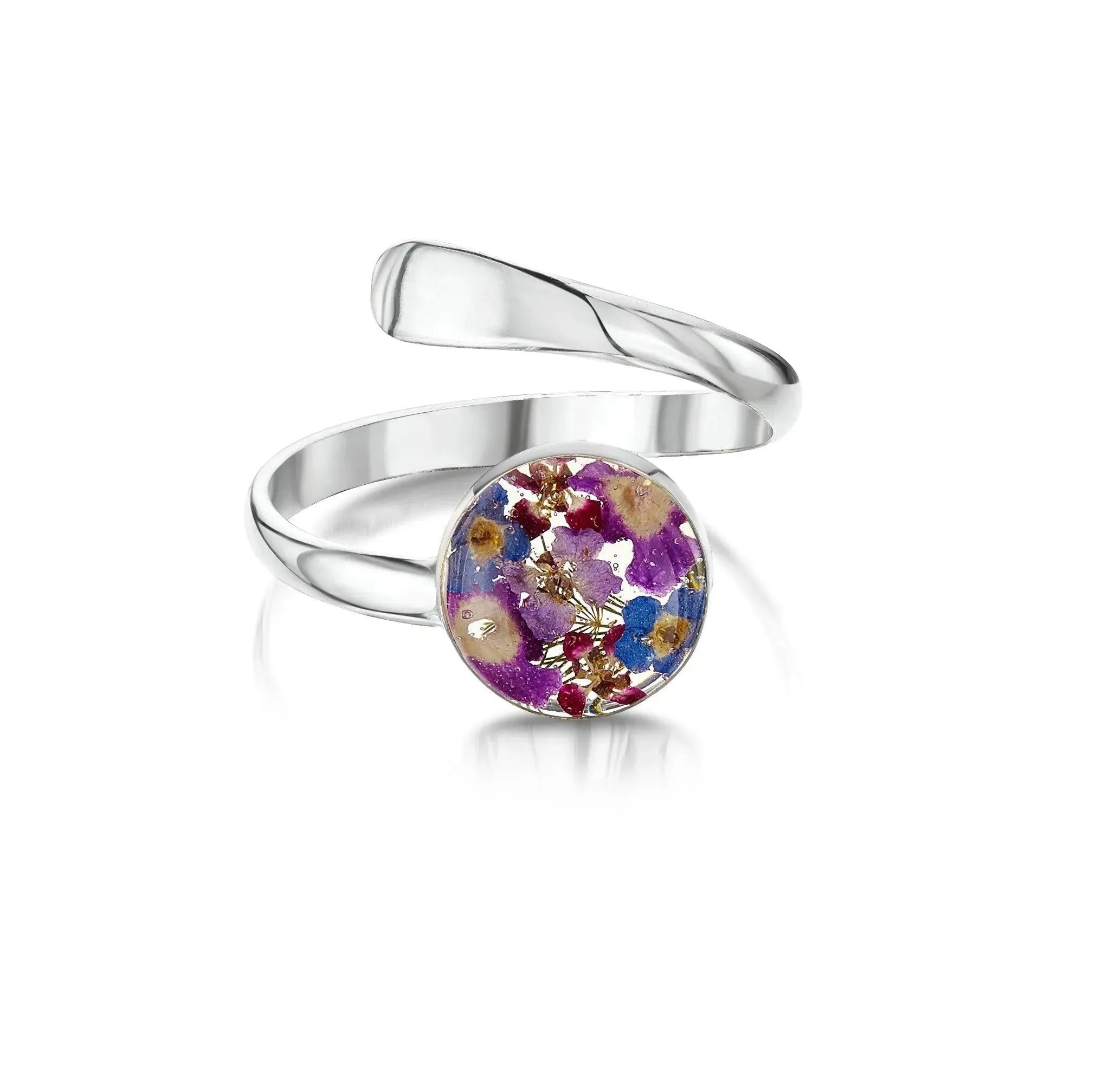 Sterling Silver Adjustable Ring With Purple Verbena & Forget-Me-Not Flowers