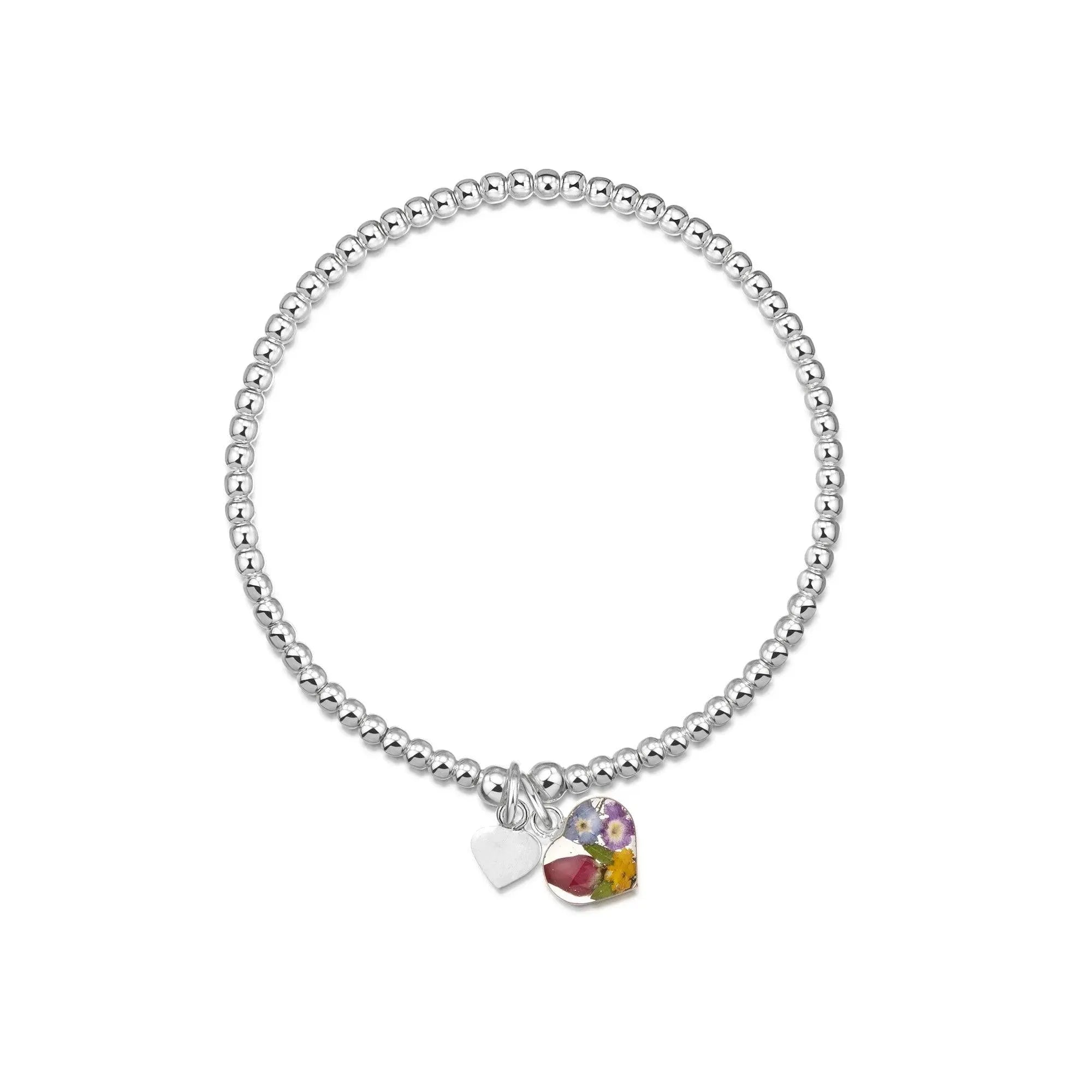 Sterling Silver Elastic Beaded Bracelet with Real Flower and Heart Charms