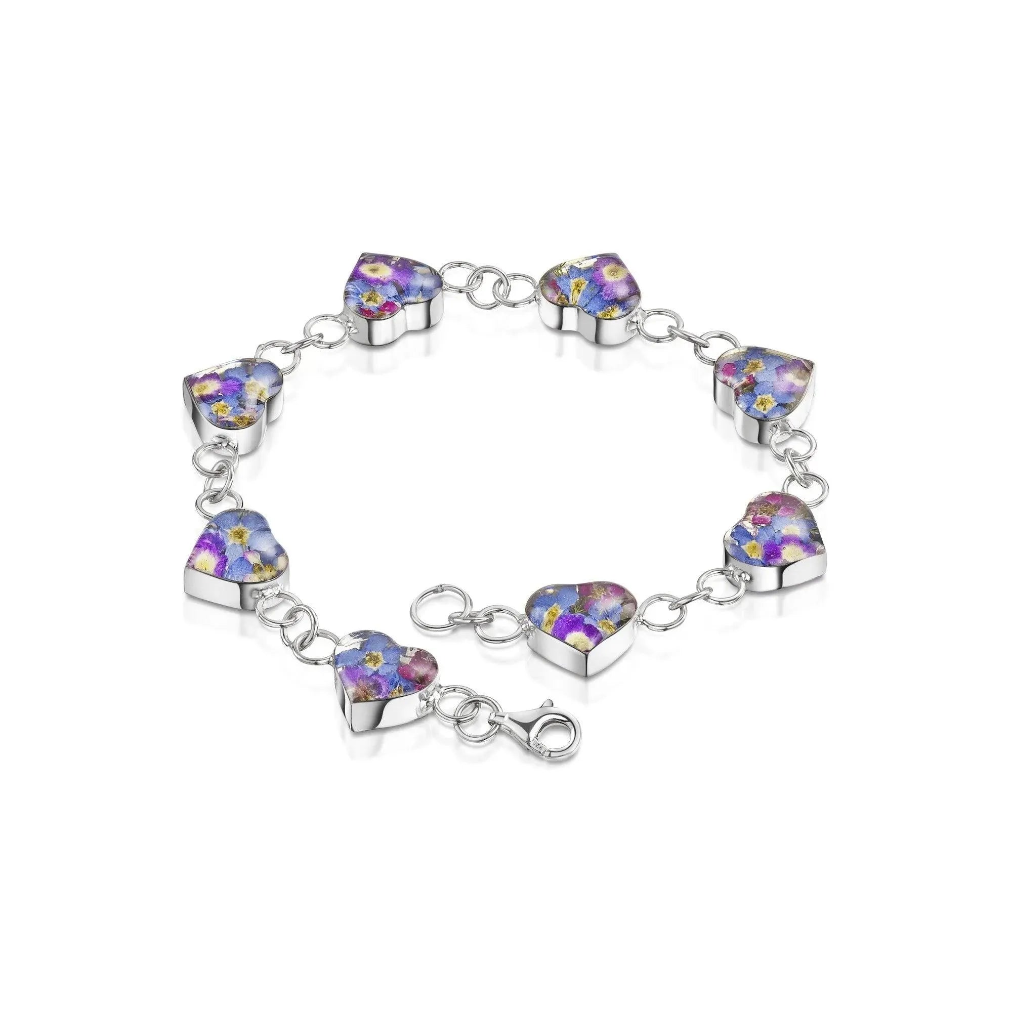 Sterling Silver Heart Purple Flowers Bracelet