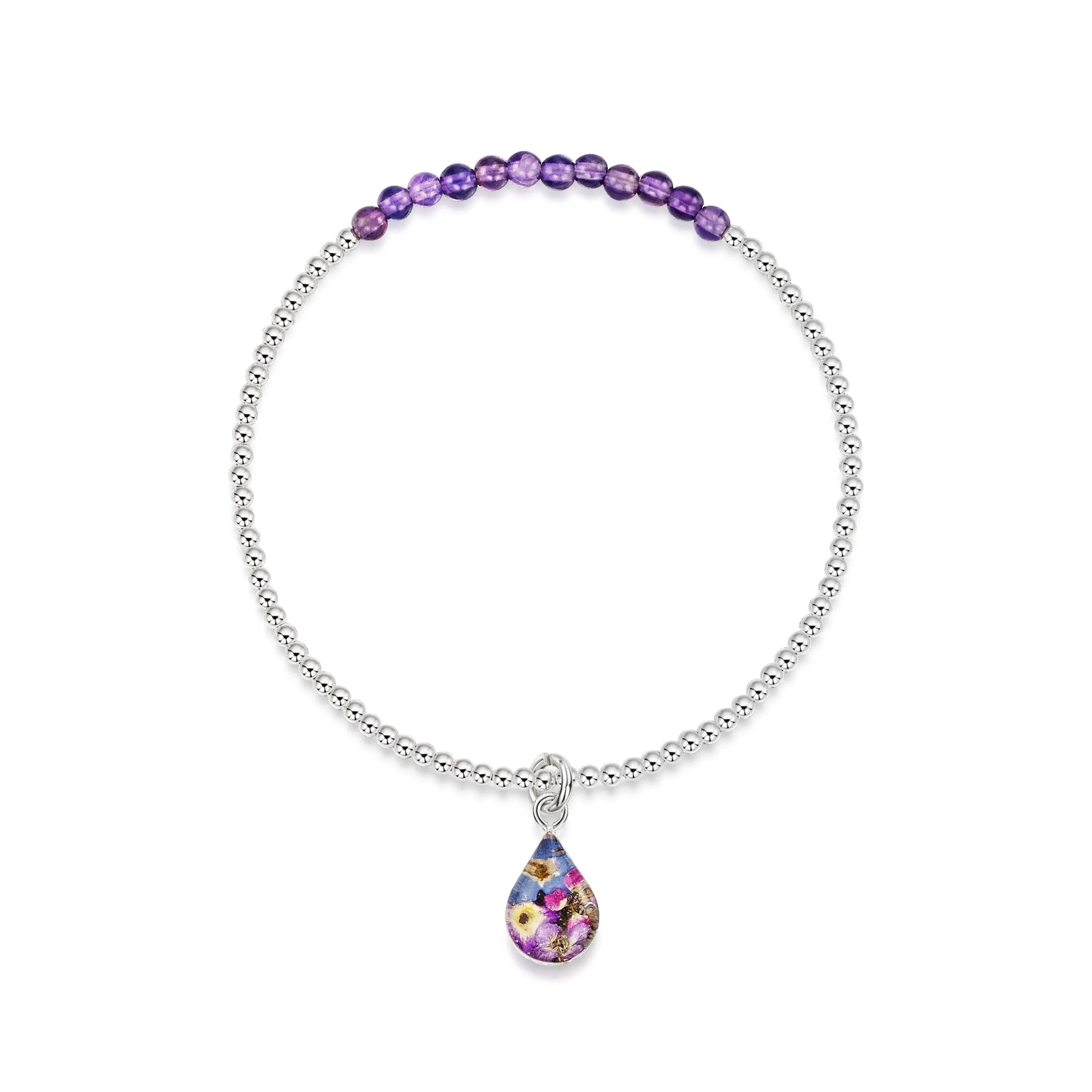 Sterling Silver Elasticated Beaded Bracelet Amethyst Stone Purple Haze Teardrop