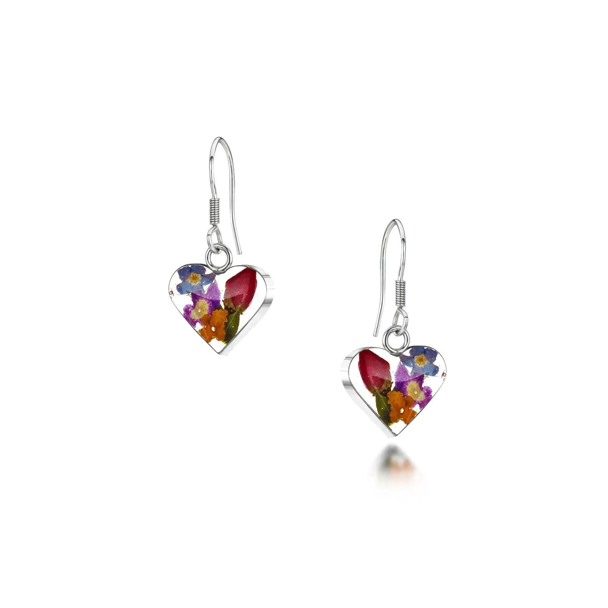 Sterling Silver Heart Shaped Earrings with Miniature Flowers