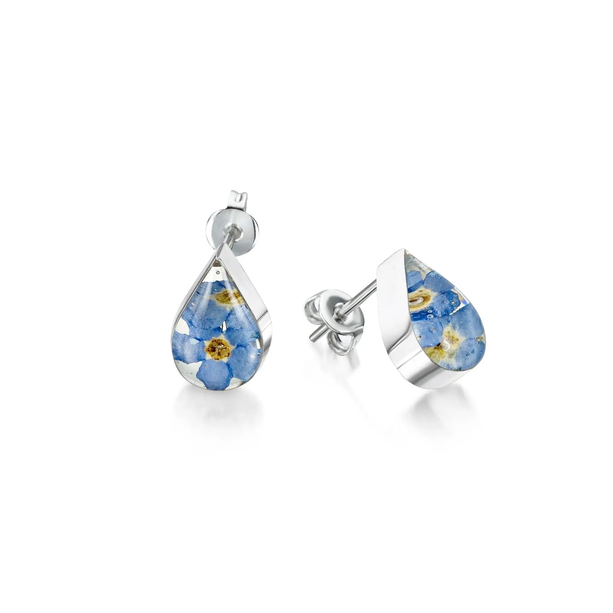 Teardrop Stud Earrings Sterling Silver Real Forget-Me-Not Flowers