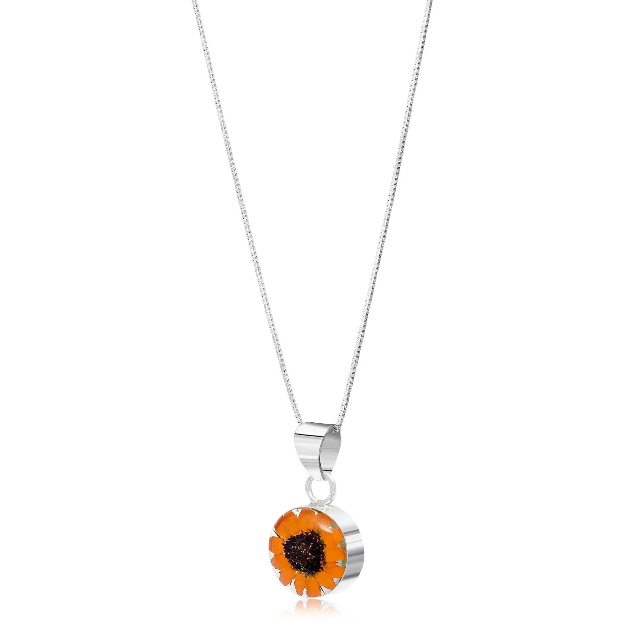 Sterling Silver Sunflower Round Pendant Necklace