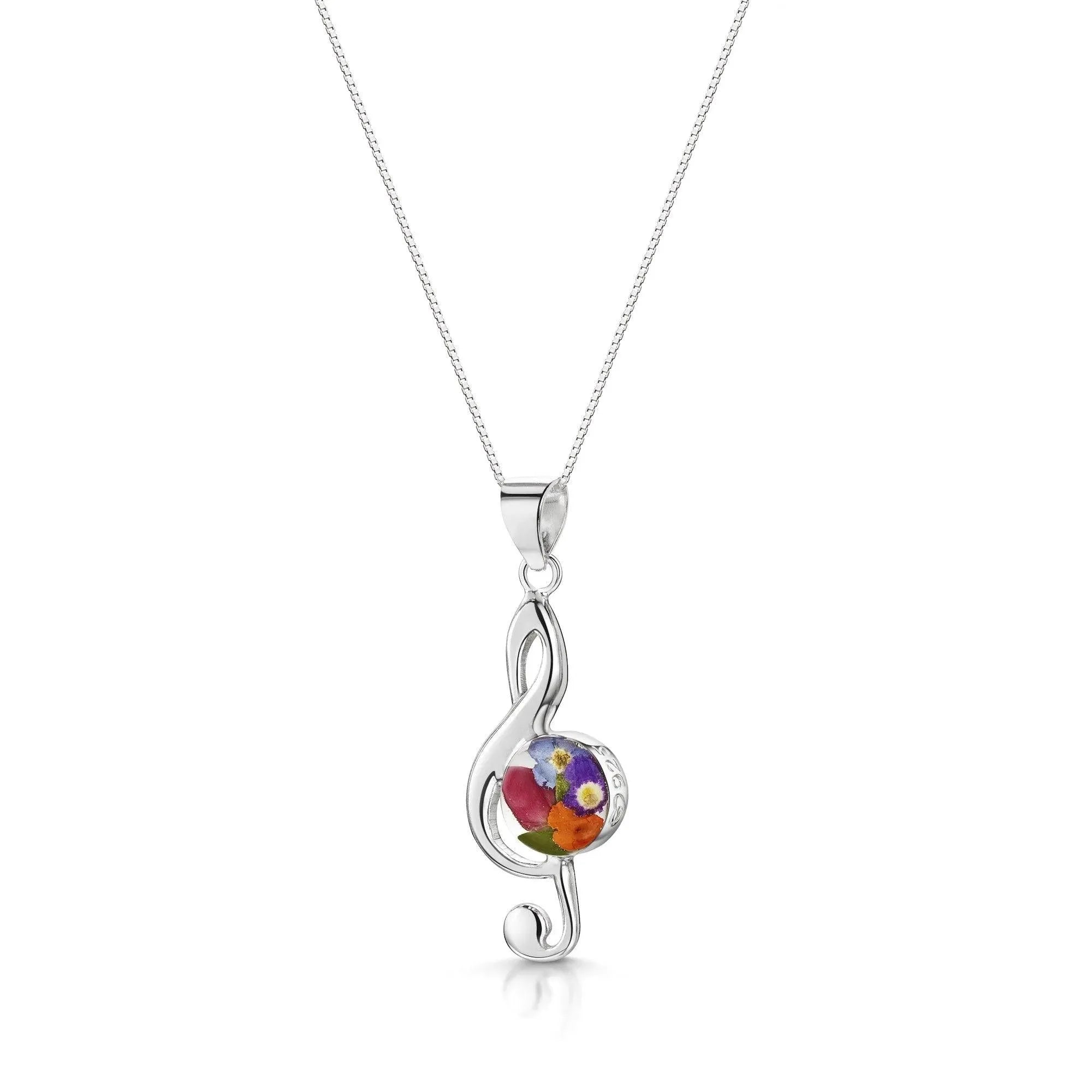 Treble Clef Silver Pendant With Real Flowers